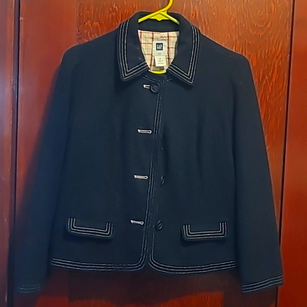 Gap Black Wool Jacket/Blazer with white stitching detail Size 6